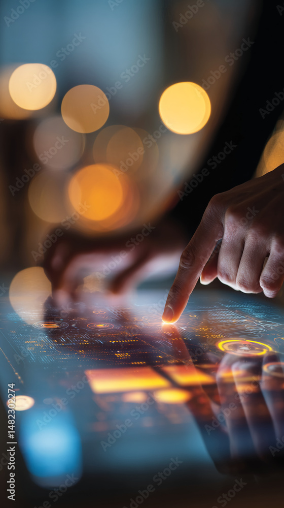 Poster close-up of fingers interacting with a digital tablet screen displaying glowing interface elements, 
