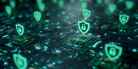 Cybersecurity concept image showing glowing green shields with lock icons hovering over a circuit board, symbolizing digital protection and data security