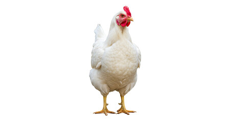 Standing white hen featuring prominent red comb isolated against plain backdrop