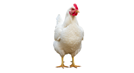 Standing white hen featuring prominent red comb isolated against plain backdrop