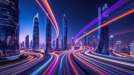 Obraz premium Aerial cityscape with glowing neon lights, futuristic architecture, and sun flare over skyscrapers 