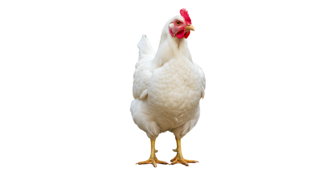 Standing white hen featuring prominent red comb isolated against plain backdrop