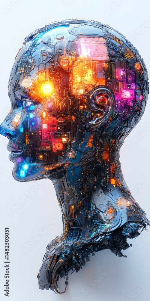 Poster complex artificial intelligence head profile with internal circuitry