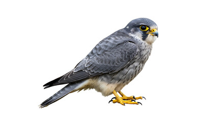Peregrine Falcon Perched, Isolated on White Background, Displaying Plumage