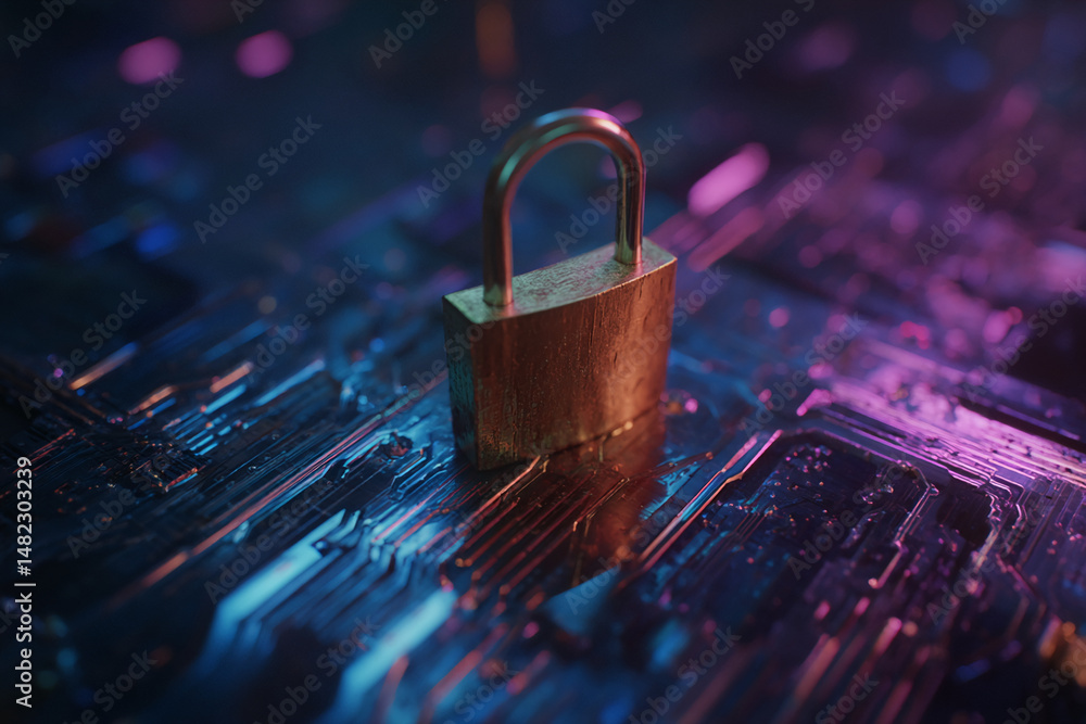 Poster brass padlock on illuminated circuit board, showcasing digital security concept. symbol of data prot