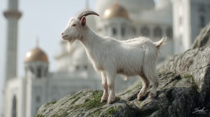 Fototapeta premium White goat atop a rock formation near a building complex.