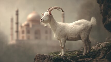 Obraz premium A serene white goat stands on rocks overlooking a distant structure.