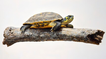 Yellow-bellied slider turtle basking on a branch against a white background.