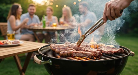 Grilling meat at a barbecue party with friends and family for outdoor cooking and summer events.