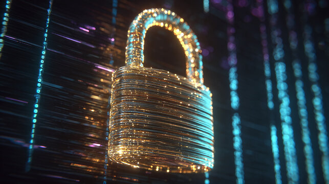 Abstract gold padlock, shimmering lines, binary code background, symbolizing digital security, data protection, and online safety - Powered by Adobe