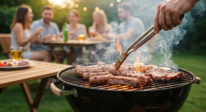 Grilling meat at a barbecue party with friends and family for outdoor cooking and summer events.