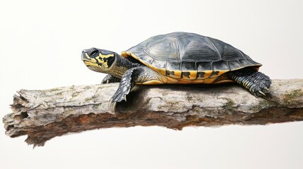 Fototapeta premium A detailed illustration of a turtle basking on a branch against a white background.