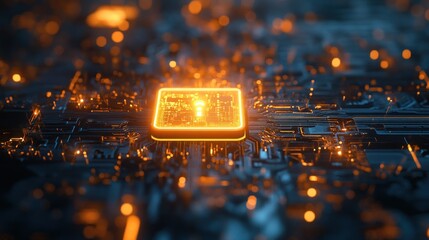 Glowing CPU chip on circuit board, technological innovation concept.