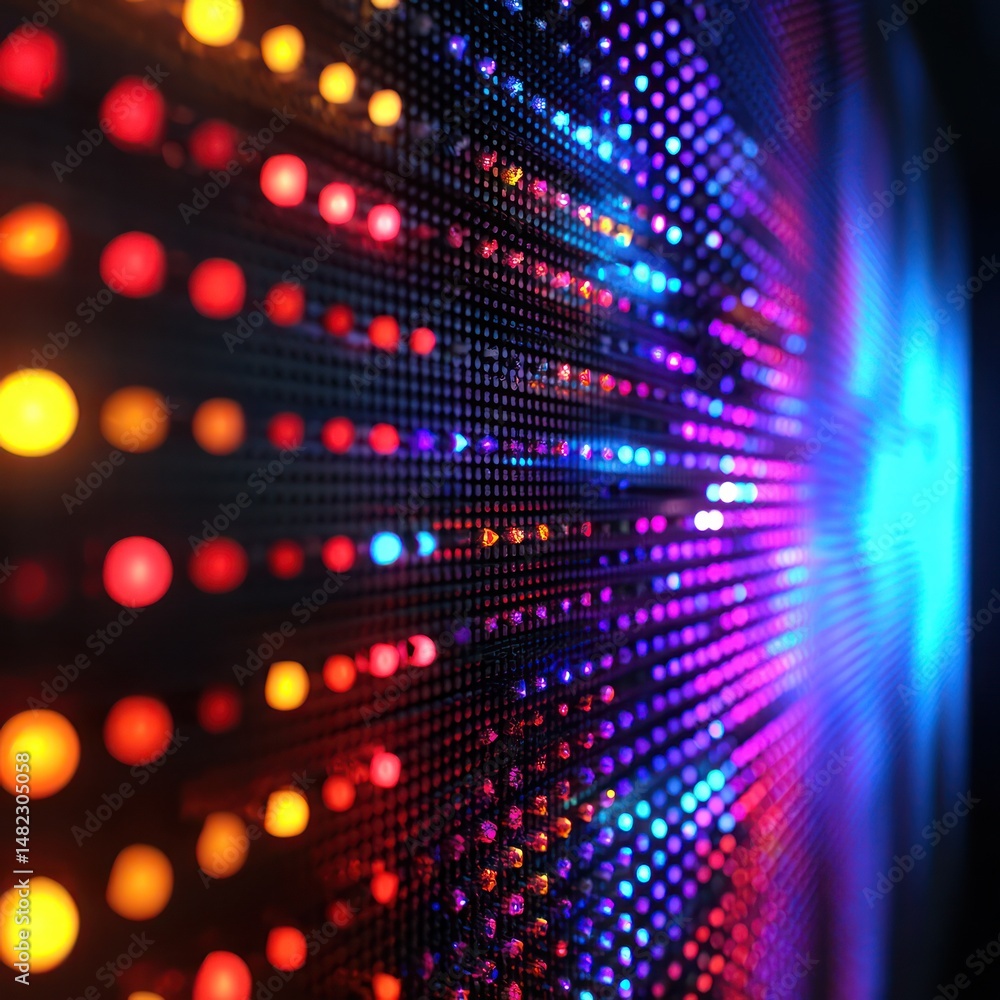Poster 3d led panel icon with digital pixel lighting, smoothly transitioning through vibrant color effects.