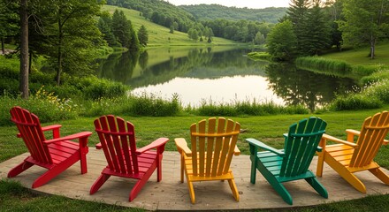 Obraz premium Colorful adirondack chairs by the lake