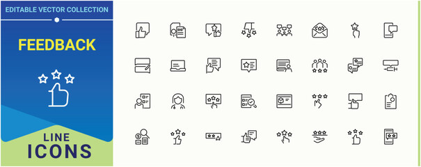 Feedback icon. Included like, survey, comment, rate, service, thumb, positive and more. Review linear icon collection. Outline symbol collection. Pixel perfect. Vector illustration.