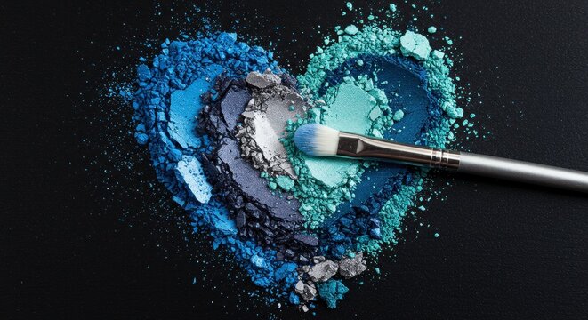 Spilled cool toned eyeshadow powder in a heart shape with makeup brush