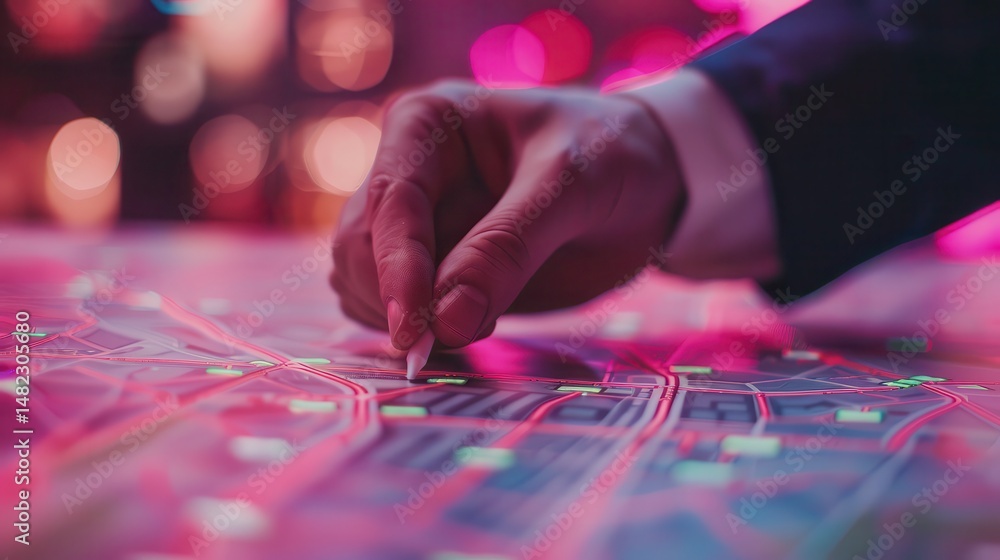 Poster hand pointing with a stylus on a glowing map with pink and green lights in a dark environment