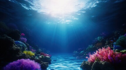 Naklejka premium Underwater Scene with Colorful Coral and Sunlight Rays in Ocean