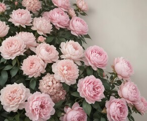 Fototapeta premium Muted pastel vintage floral wall Delicate pink roses, peonies, hydrangeas , flower wall, wedding decor