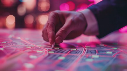Hand pointing with a stylus on a glowing map with pink and green lights in a dark environment