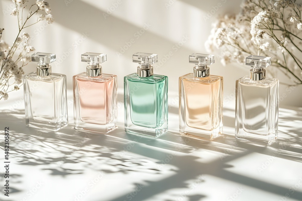 Poster cosmetics display featuring perfume bottles in natural light generative ai