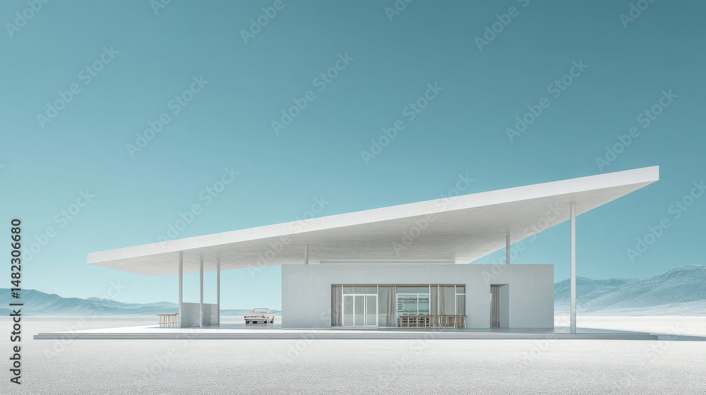 Poster modern minimalist building with a sleek design in a serene environment.