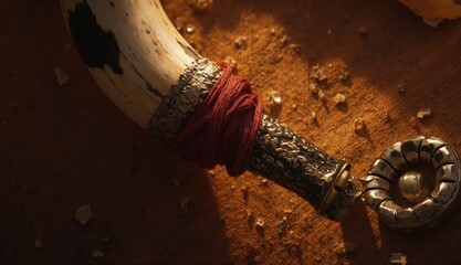 A closeup of a single decorative horn featuring a red thread wrap and ornate metal tip placed on a rustic wooden surface with scattered crumbs around it