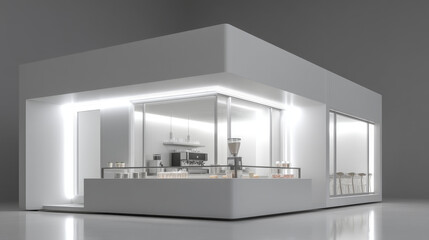 Modern minimalist coffee shop design with sleek lines and bright lighting.