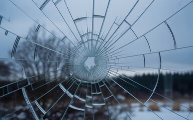 Obraz premium Close up of a shattered window pane with a round hole. The background shows trees and a cloudy sky.