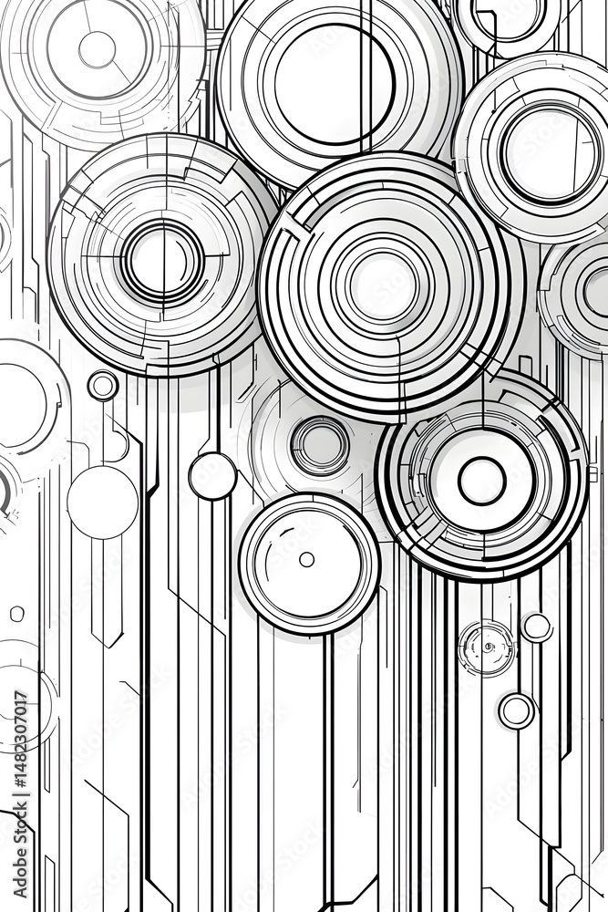 Poster abstract black and white circles with lines and patterns generative ai