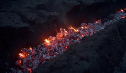 A closeup of glowing red embers nestled in a trench of black volcanic rocks emitting faint flames and heat in a rugged and charred environment.