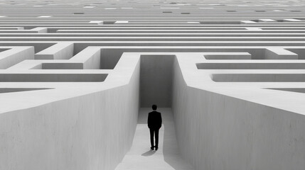 Man in suit stands at maze entrance, gray concrete walls, representing challenge, decision, path, problem-solving, journey, future