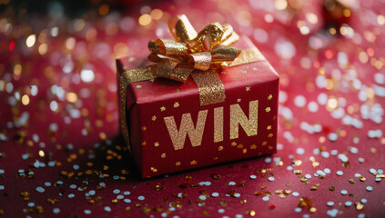 Red gift box with golden win sign and falling confetti on red background, celebrating victory, achievement and success