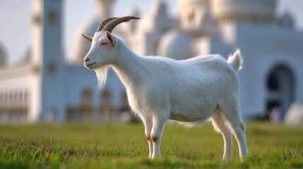 Fototapeta premium White goat in grassy field near white buildings.