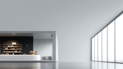 Modern minimalistic interior with large windows and sleek design.