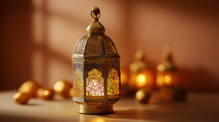Ancient Golden Lantern Emitting Light – Elegant Minimalist Islamic Background with Copyspace for Ramadan or Eid al-Fitr