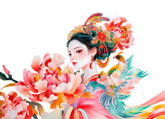 Naklejka premium PNG Character with flowers portrait illustration traditional decorative.