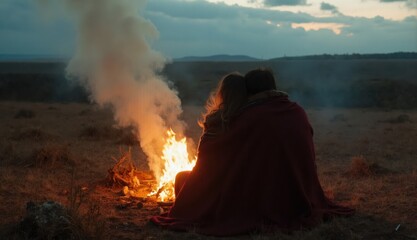 A couple sits closely wrapped in a blanket beside a glowing fire with a heavy trail of smoke drifting into the open dusk sky over a vast rural field