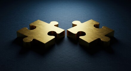 Two matte gold puzzle pieces on dark textured surface symbolizing connection
