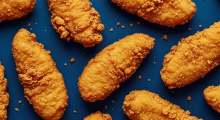 Crispy golden brown fried chicken tenders on a deep blue surface