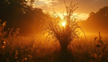 A vibrant bush glows in a golden sunbeam rising through a misty field surrounded by wildflowers and backlit trees during an early morning sunrise