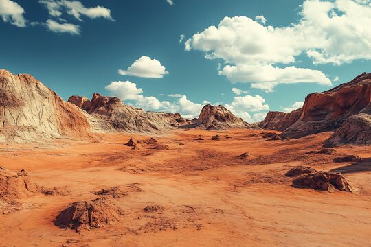 Barren Alien Desert with Layered Sedimentary Rock Formations.