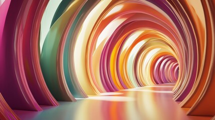 Fototapeta premium Futuristic colorful tunnel interior in 3D rendering for abstract architecture surreal design imagination modern space dream