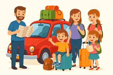Family of five planning summer road trip with packed red car and map. Cartoon illustration of excited kids and organized parents