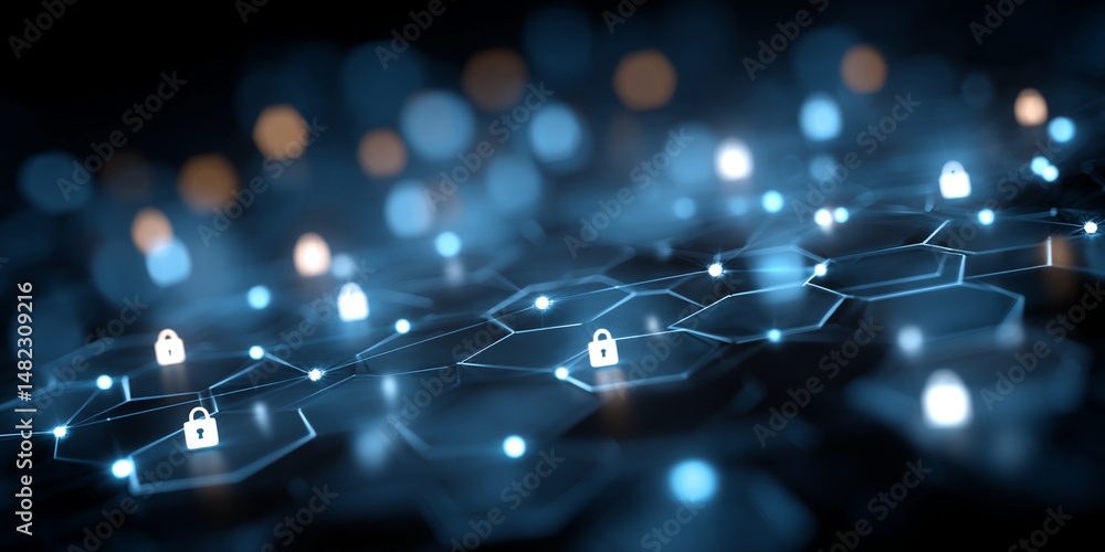 Poster abstract image of glowing hexagonal network with padlock icons, representing digital security, data 