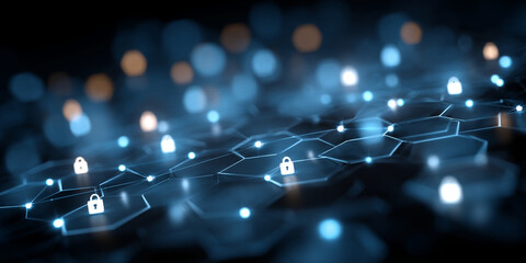 Obraz premium Abstract image of glowing hexagonal network with padlock icons, representing digital security, data protection, and network safety