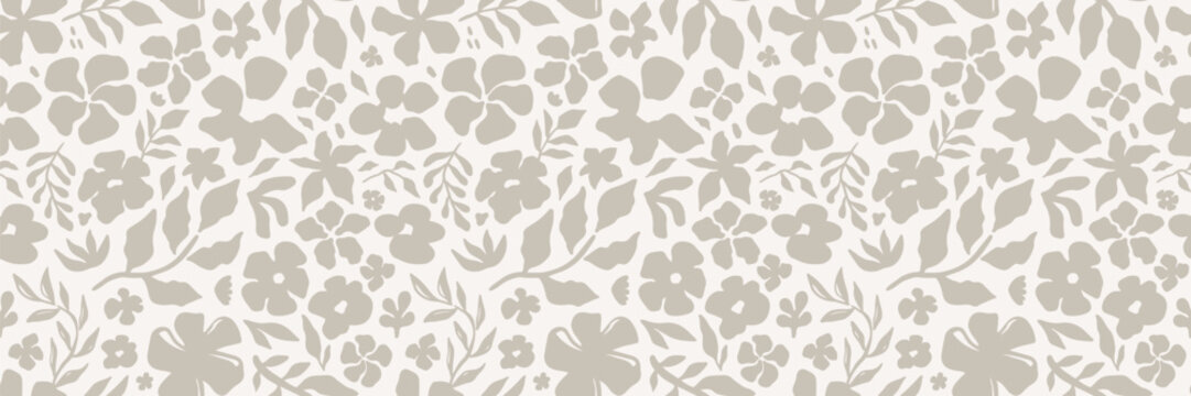 Abstract floral seamless pattern with delicate hand-drawn beige flowers and leaves on a light background. Elegant botanical design perfect for fabric, wallpaper, and wrapping. Vector illustration.