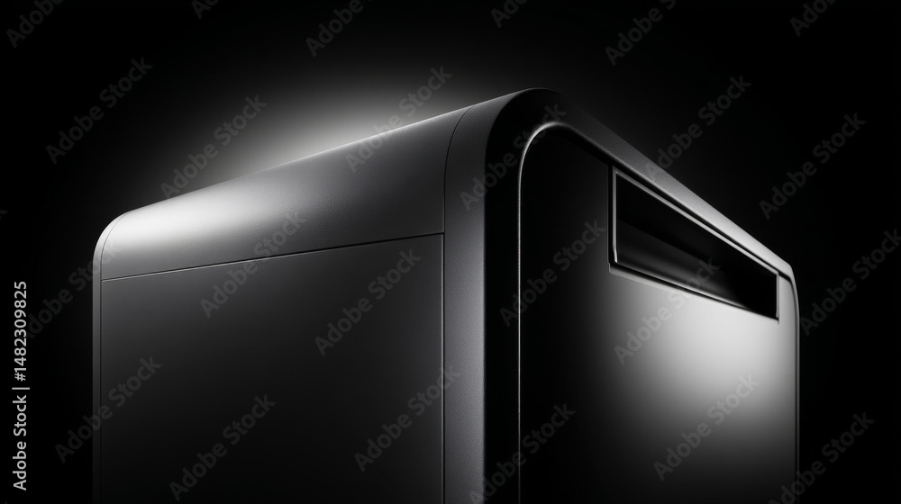 Poster sleek and modern computer case highlighting its minimalist design and high-tech appeal.
