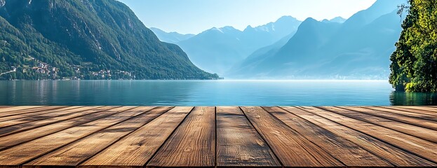 Wooden dock, lake, mountains, serenity